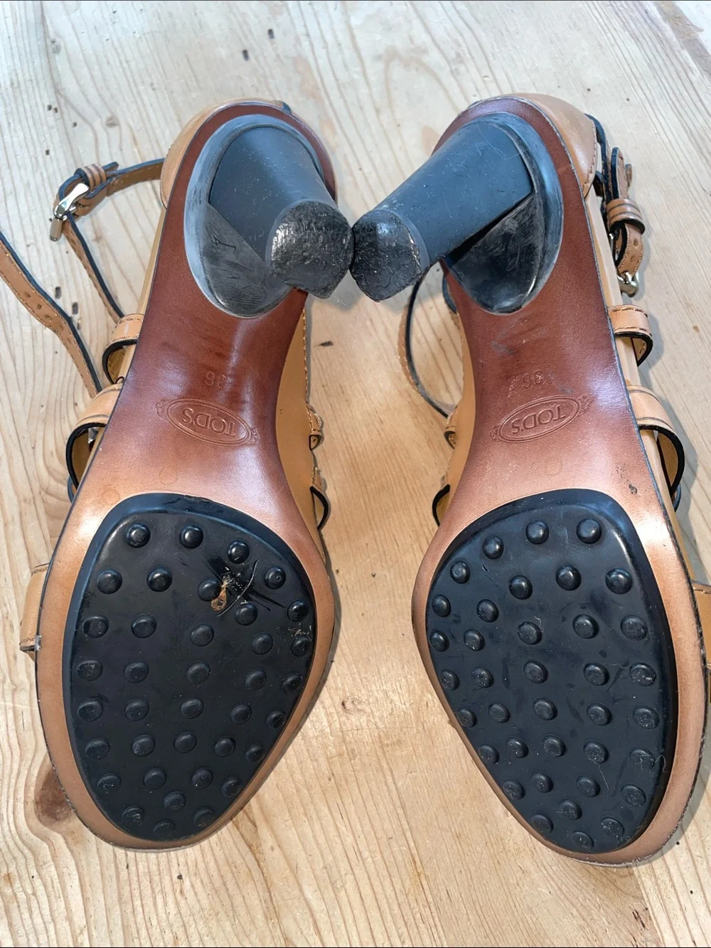 Tod's Italian Cognac Leather Multi-Strap Caged Buckle Sandals - Picture 8 of 10